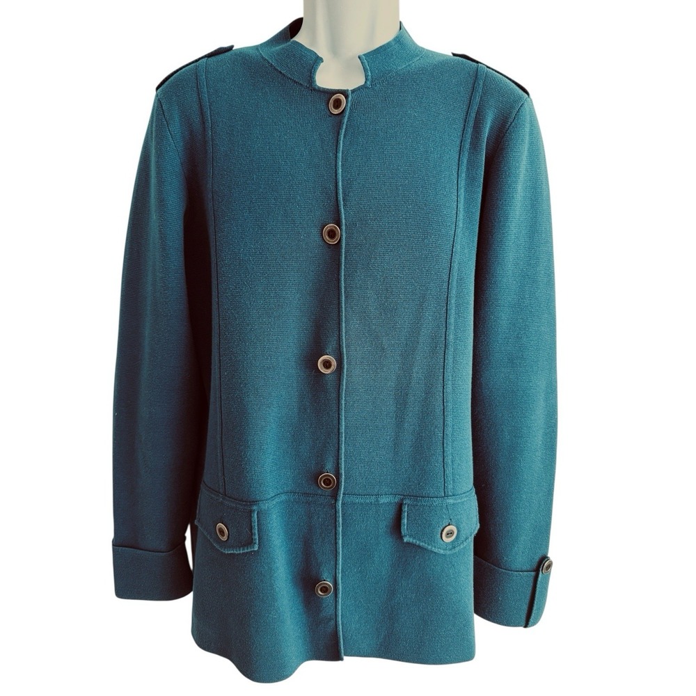 Chicos Women Jacket XL Band Knit Teal Epaulette Teal Military Mandarin Collar
